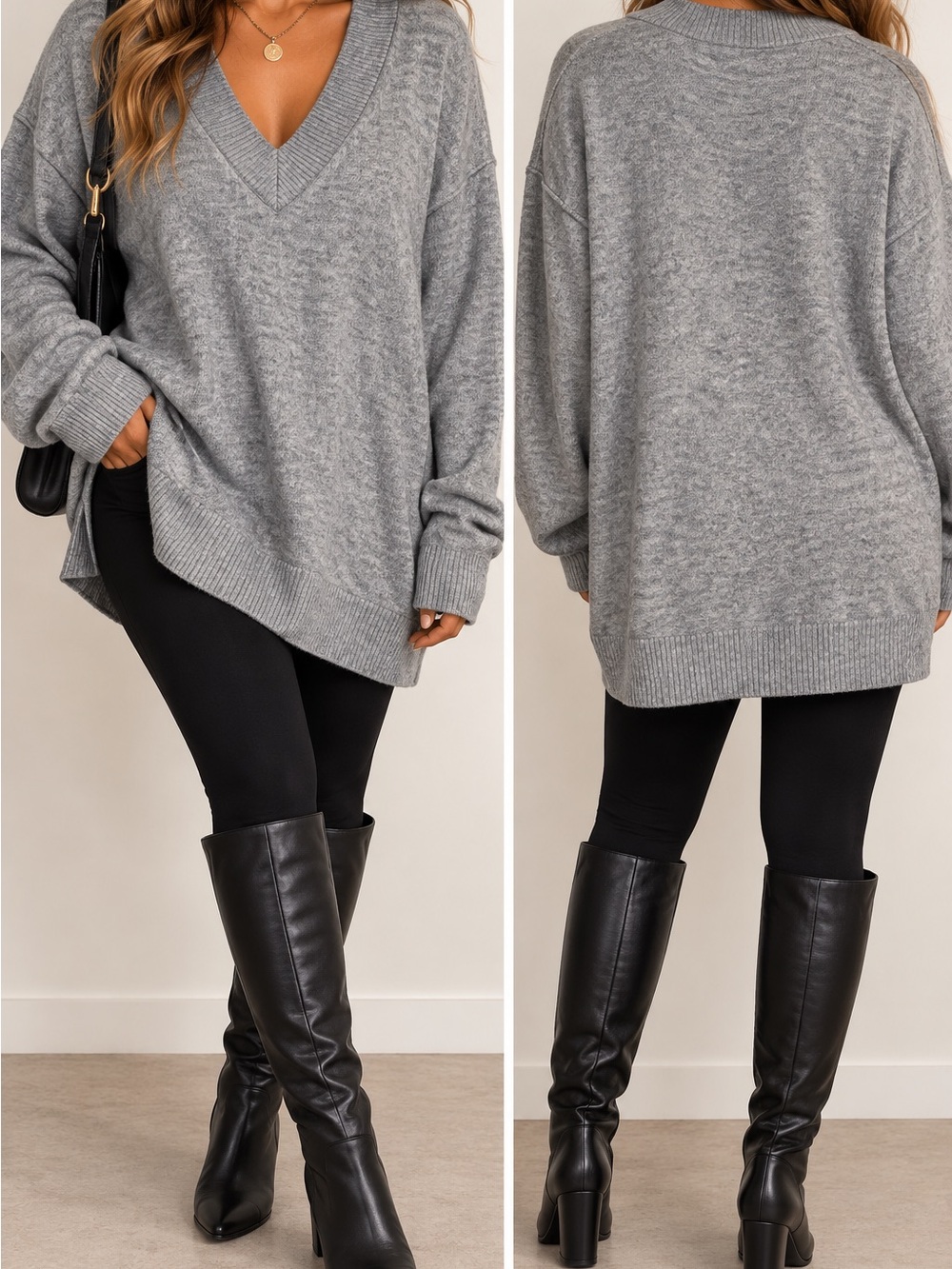 Aerie Gray Oversized V-Neck Slouchy Knit Sweater XL